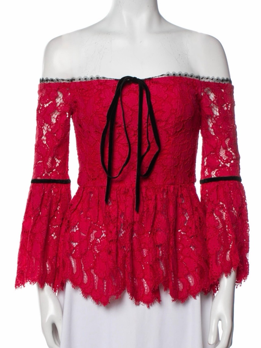 Alexis Red Off-Shoulder Lace Peplum Top with Black Ribbon - M